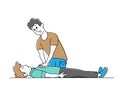 Male Character Making Heart Massage to Man Lying on Floor. CPR First Aid Help or Training, Cardiopulmonary Resuscitation