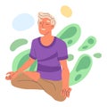 Male character meditating in lotus pose. Yoga meditation, relaxing mindful male person breath and balance training flat vector