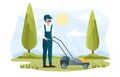 Male character is mowing lawn in park Royalty Free Stock Photo