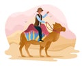 Male character is offering to ride camels through the sand dunes in the desert