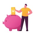 Male Character Put Golden Euro Banknote into Huge Piggy Bank. Man Save and Collect Money in Thrift-box Royalty Free Stock Photo