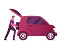 Male Character Put Luggage into Auto Trunk. Man Use Car Sharing Service for Transportation in City