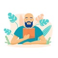 Male character is reading a book. Bald bearded man looks through science fiction in library with interest. Royalty Free Stock Photo