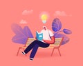 Male Character Reading Literature Narration Sitting on Bench with Book in Hands and Glow Light Bulb over Head, Bookworm Royalty Free Stock Photo