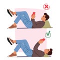 Male Character Reading, Lying on Pillow in Right and Wrong Postures. Improper, Slouching With Rounded Shoulders