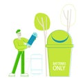 Male Character Remove Electrical Waste and Electronic Equipment. Tiny Man Throw Huge Battery to Special Litter Bin