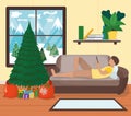 Male character rest couch and surf internet, man lie sofa relax cartoon vector illustration. Design interior. New year fir tree,