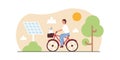 Male character is riding bicycle, solar panel is accumulating charge