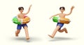 Male character is running wearing inflatable circle. Vacationer goes to sea