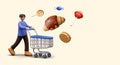 Male character rushes to store with sweets. Buyer with shopping cart, 3D sweets, candies, pastries