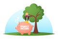 Male Character Sit on Tree Put Huge Coin into Piggy Bank. Man Collect Money, Cash, Financial Profit. Basic Family Income