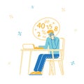 Male Character Sitting at Desk with Calculator with Digits in Head Counting Income, Burden Tax, Profit or Loan