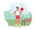 Male Character in Sportswear Holding Frisbee Disk in Summer Park. Sportsman Outdoor Training or Competition, Sports