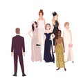 Male character standing in front of group of happy beautiful women dressed in elegant evening clothing. Popular man or