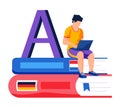 Male character studying languages at laptop. Remote student sitting on stack of dictionaries Royalty Free Stock Photo