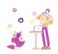 Male Character or Teenager Watching Funny Viral Video Clip on Laptop with Cute Cat Wearing Glasses Playing