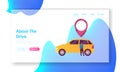Male Character Use Car Sharing Service Landing Page Template. Man Stand at Auto with Gps Pin above Roof