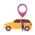 Male Character Use Car Sharing Service for Transportation in City. Man Stand at Auto with Gps Pin above Roof