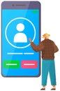 Male character uses smartphone to call. Man chatting in messenger. Guy selects contact in mobile app