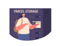 Male Character Uses Terminal For Secure And Convenient Parcel Storage. Man Enter Pin Code, Efficient Delivery Of Package