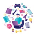 Male character using laptop for shopping in online store. Different objects around man. Concept of internet shopping, e-commerce Royalty Free Stock Photo