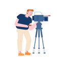 Male Character Videographer or Blogger Record Video Movie on Camera Isolated on White Background Royalty Free Stock Photo