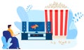 Male character watching home movie theater, big popcorn box, isolated on white, flat vector illustration. Man look at TV