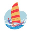 Male Character Windsurfing Activity. Man Enjoying Thrill Of Sport, Gliding Over The Waves With Sail Powered By The Wind