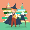 Male character wizard kid school magic time flat vector illustration. Miracle stuff compositions concept book stack