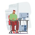 Male Character Working With Big Data and Tech Information on Laptop. System Administrator Setting Software Royalty Free Stock Photo