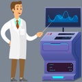 Male character working on project in scientific lab with equipment, searching for information Royalty Free Stock Photo