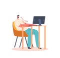 Male Character Wrong Sitting Position during Working at Computer. Man Sit at Table With Monitor, Spinal Curvature