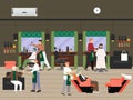 Male characters in barbershop, flat vector illustration. Barber washing hair, doing haircut, shaving beard. Hair saloon.