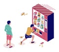 Male characters buying snacks from vending machine, flat vector isometric illustration. Snack food automatic machine