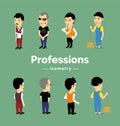 Male characters of different professions on a colored isolated isometric background. Bartender, security guard, waiter, cleaner. V