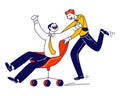 Male Characters Fooling Take Part in Chair Racing in Office. Business People Engage Colleagues Competition Shouting