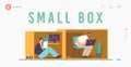 Male Characters inside of Tiny Cramped Room Landing Page Template. Introvert People in Small Box Businessman, Student