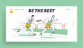 Male Characters Running Relay Race on Stadium Landing Page Template. Sportsmen Overcome Distance in Raw with Baton