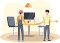 Male characters stand near computer, solve problems and do business planning. Team work, meeting