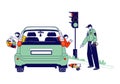 Male Characters Throw Garbage through Car Windows. Policeman Pointing On Garbage Ask to Clean Up. Environment Pollution