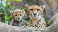 Male cheetah and cub portrait with ample space on left for text, object on right side Royalty Free Stock Photo