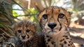 Male cheetah and cub portrait with empty space on left for text, object on right side Royalty Free Stock Photo