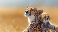 Male cheetah and cub portrait, space for text, object on right, perfect for detailed descriptions