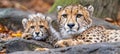 Male cheetah and cub portrait with space for text, object on right side, ideal for adding text Royalty Free Stock Photo