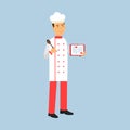 Male chef cook character in uniform standing and holding recipe book and spoon Illustration Royalty Free Stock Photo