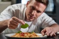 Male Chef Garnishing Plate Of Food In Professional Kitchen Royalty Free Stock Photo