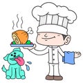 Male chef with his pet cat serving a large portion of fried chicken, doodle icon image kawaii