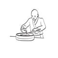 Male chef preparing rice for making sushi illustration vector isolated on white background line art