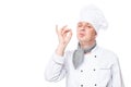 Male chef showing gesture delicious, on a white Royalty Free Stock Photo