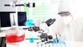 Male chemist in blue protective gloves use